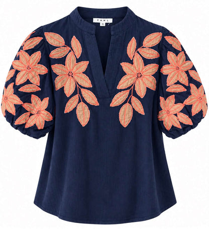 Navy Corduroy Top With Applique Detail