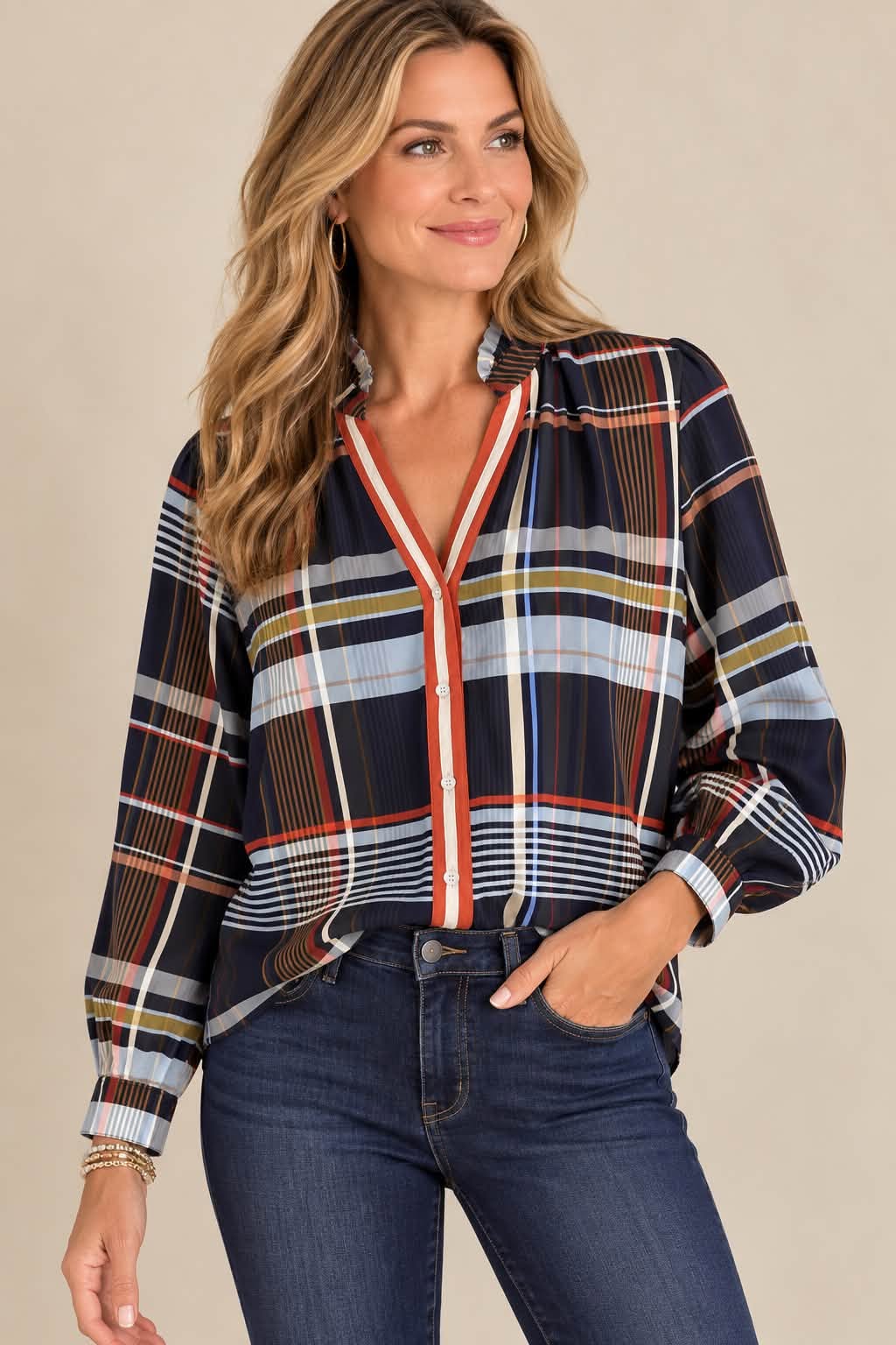 Preppy Plaid Long Sleeve Blouse