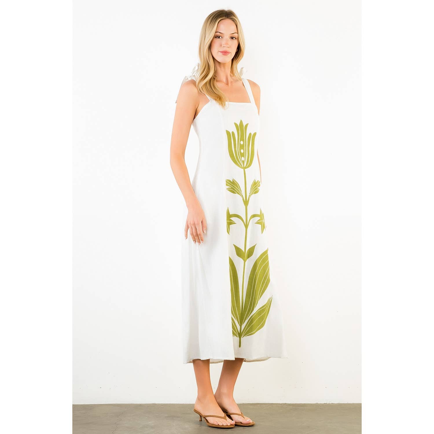Tie Strap Square Neck Print Midi Dress - 606River