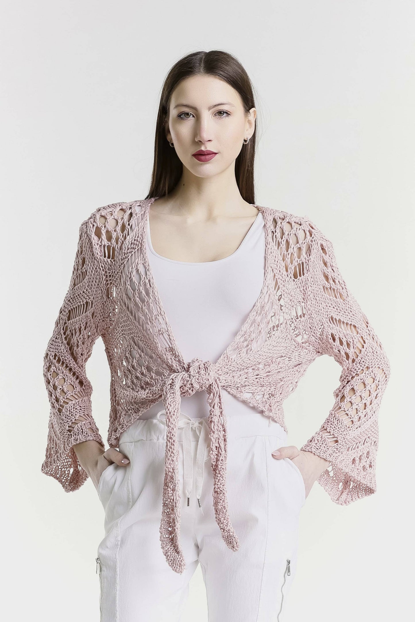 Made In Italy Open Knit Tie Front Bolero Top - 606River