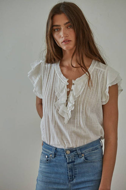 L6502 | Woven Cotton Linen Button V-Neck Short Sleeve Top - 606River
