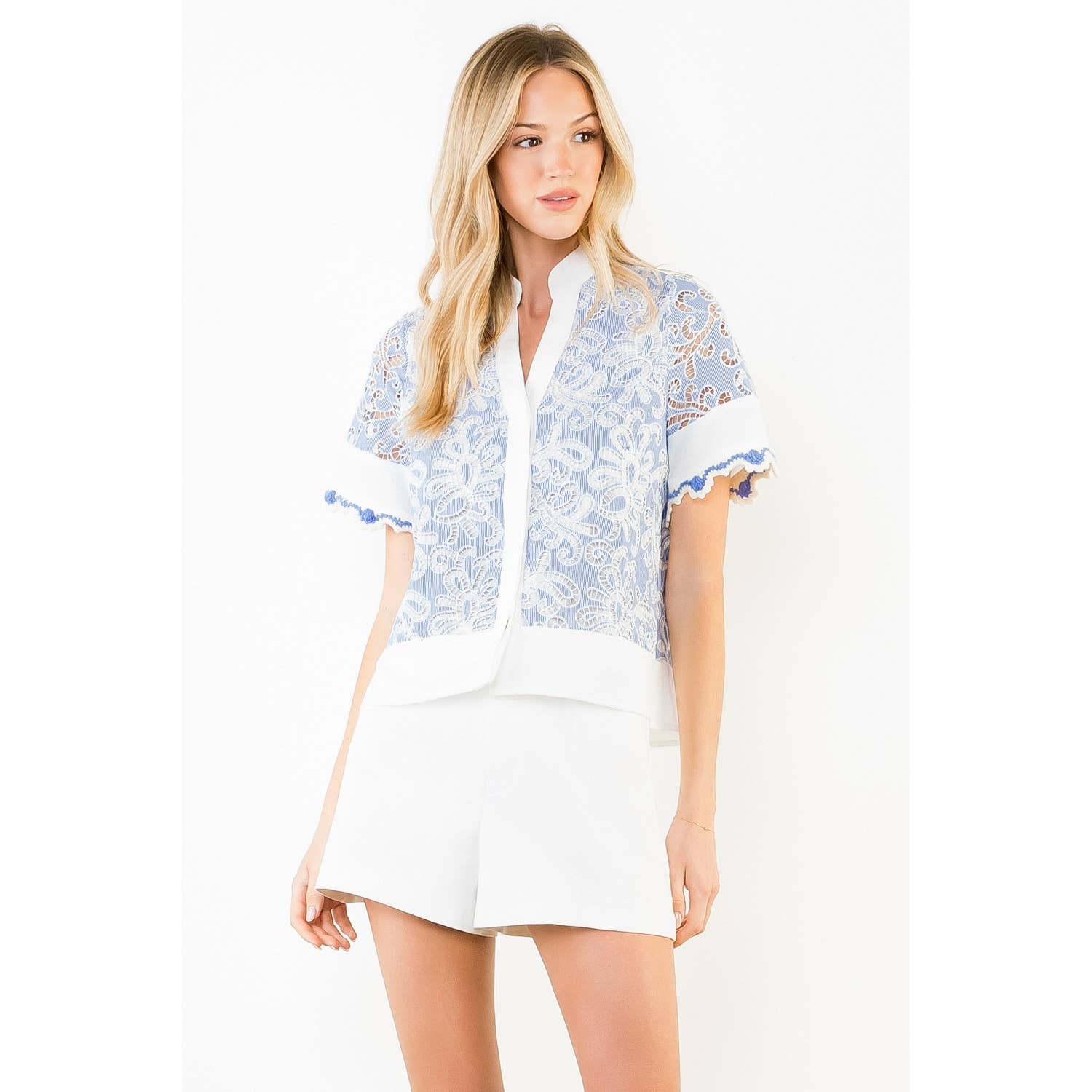 Short Sleeve Lace Detailing V-Neck Top - 606River