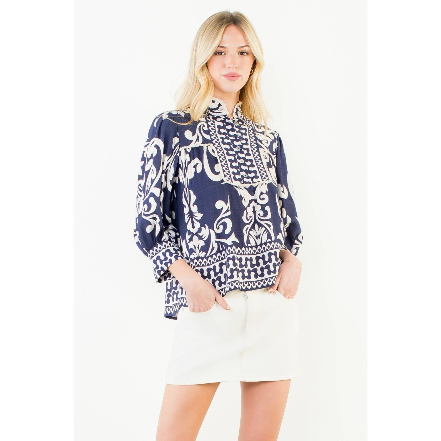 Long Sleeve Lace Trim Print Top - 606River