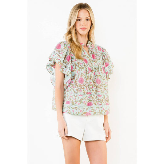 Floral Print Flutter Sleeve Top - 606River
