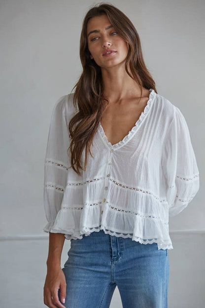 L9341 | Woven Cotton V-Neck Quarter Sleeve Top - 606River