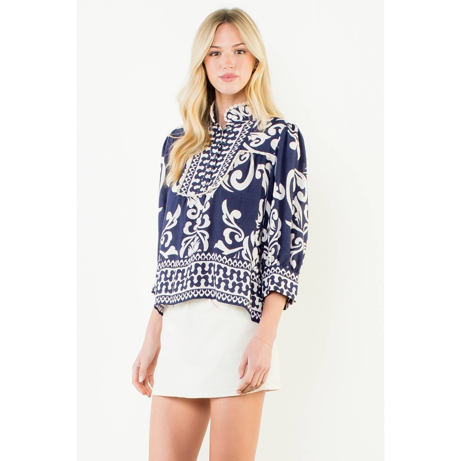 Long Sleeve Lace Trim Print Top - 606River