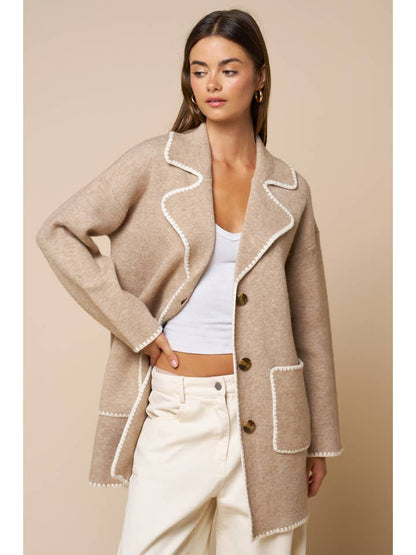Long Sleeve Sweater Coat with Contrast Trim - 606River