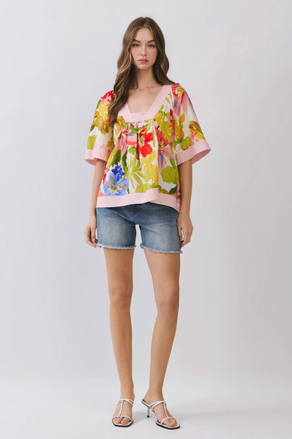 CT9954-Floral Square Neck Contrast Trim Blouse - 606River