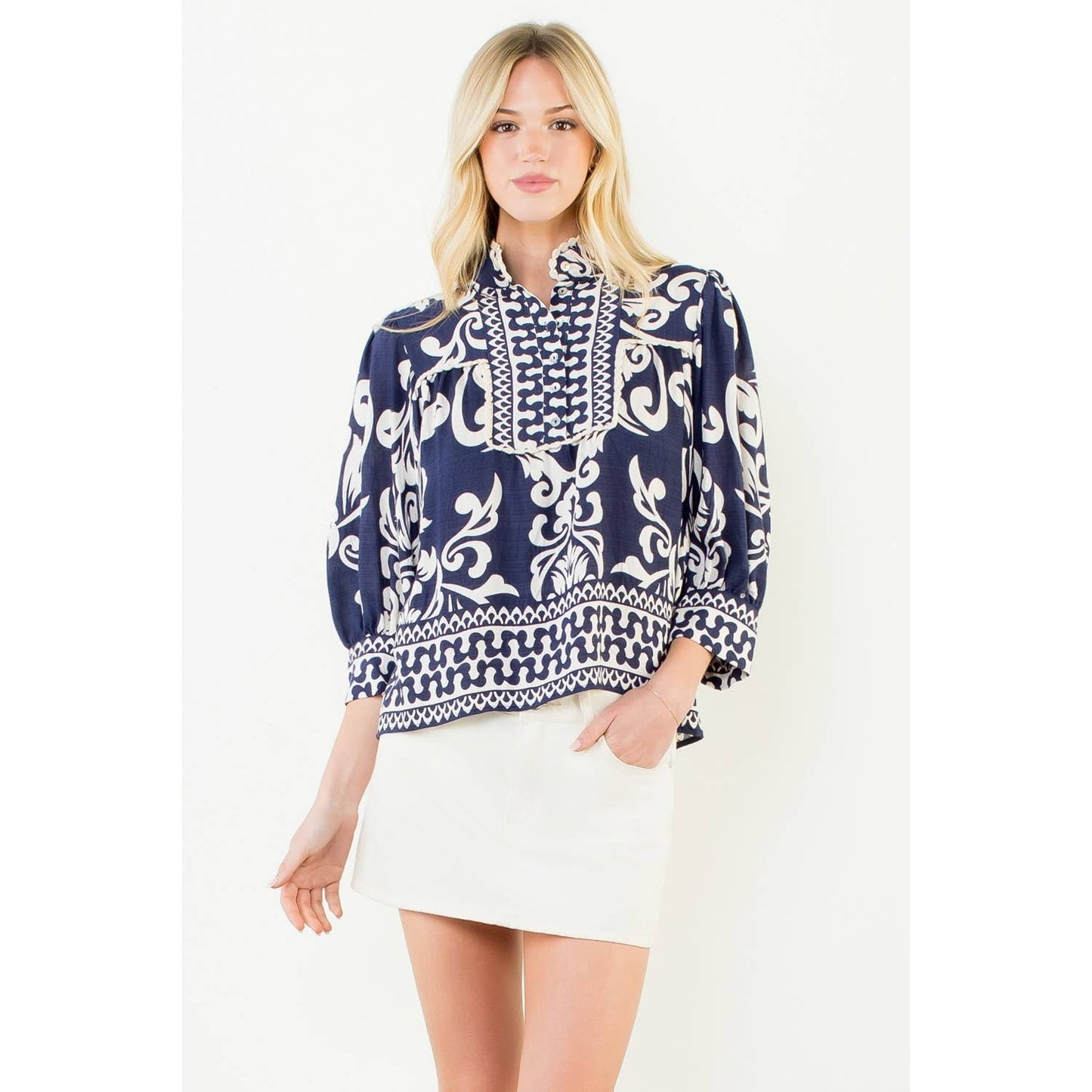 Long Sleeve Lace Trim Print Top - 606River