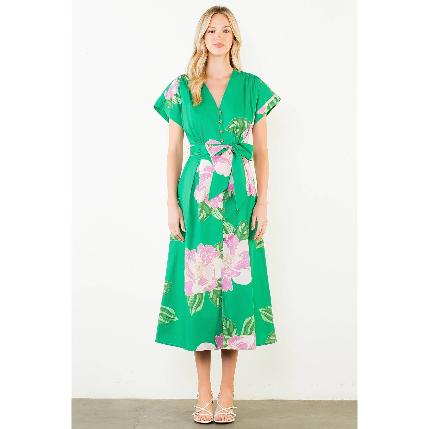 Floral V-Neck Belt Midi Dress - 606River