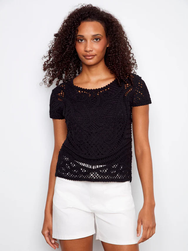 c2965 Charlie B Black Croche Short Slv Top - 606River