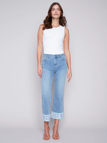 Charlie B Light Blue Embroidered Cuff Jean
