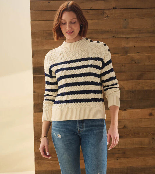 Luxurious Cotton Cashmere Ivory Sweater With Navy Stripes