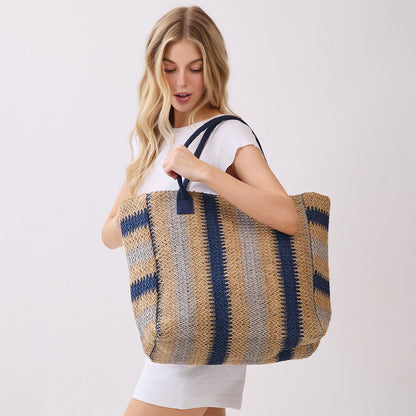 Natural Navy Straw Large Tote Bag - 606River