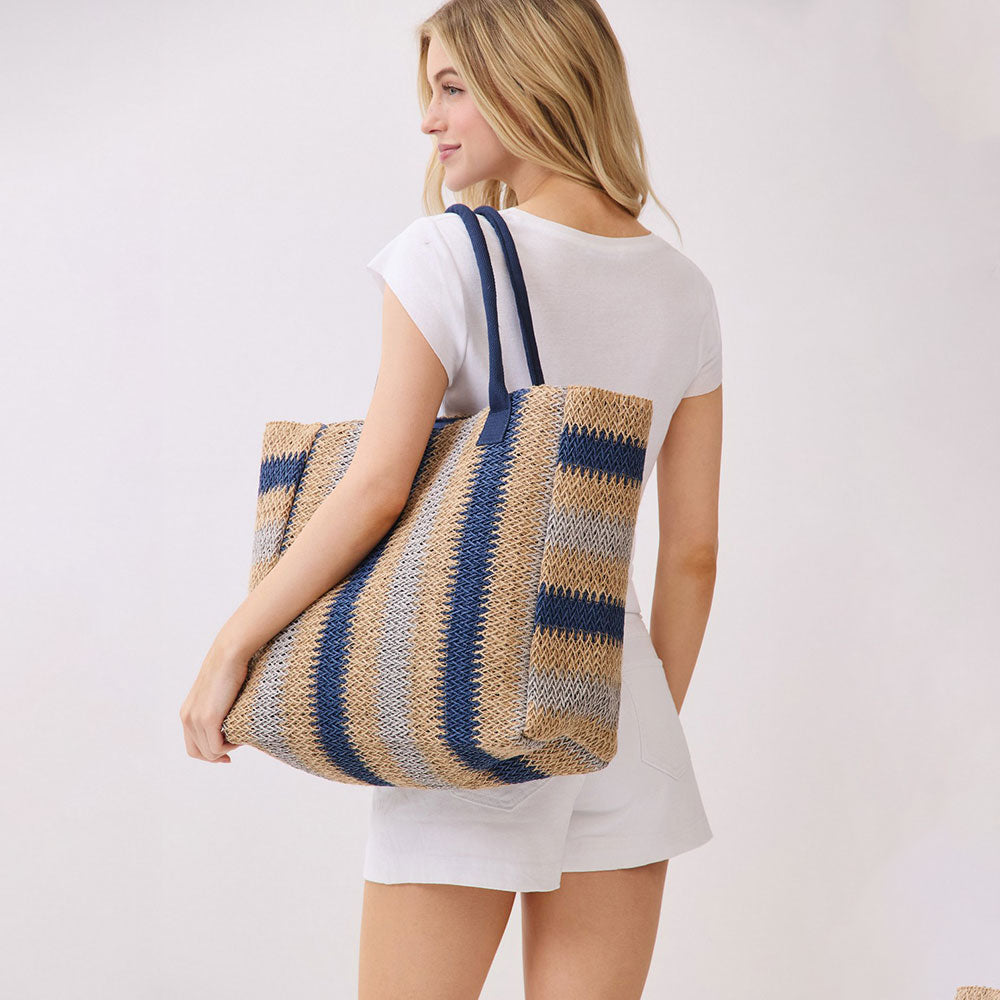 Natural Navy Straw Large Tote Bag - 606River