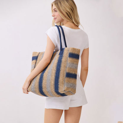 Natural Navy Straw Large Tote Bag - 606River
