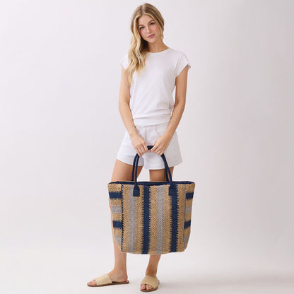 Natural Navy Straw Large Tote Bag - 606River