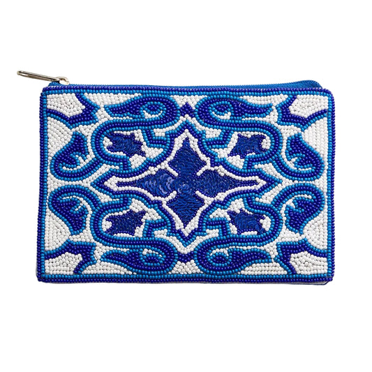Beaded Blue White Zip Pouch Bag - 606River