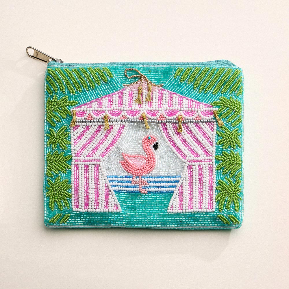 Beaded Flamingo Cabana Zip Mini Pouch Bag