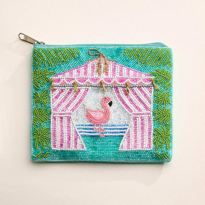 Beaded Flamingo Cabana Zip Mini Pouch Bag