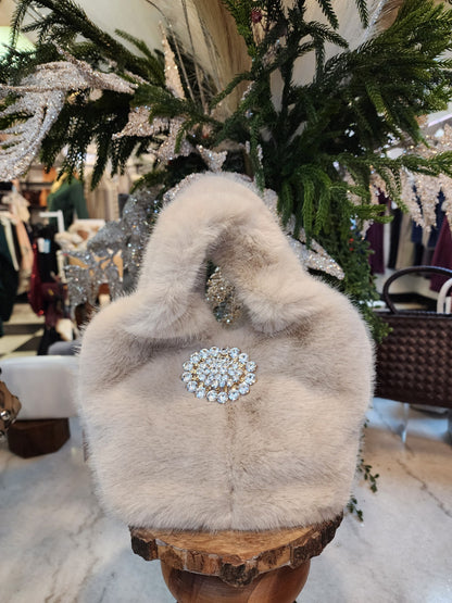 Faux Fur Bag With Embellished Broach