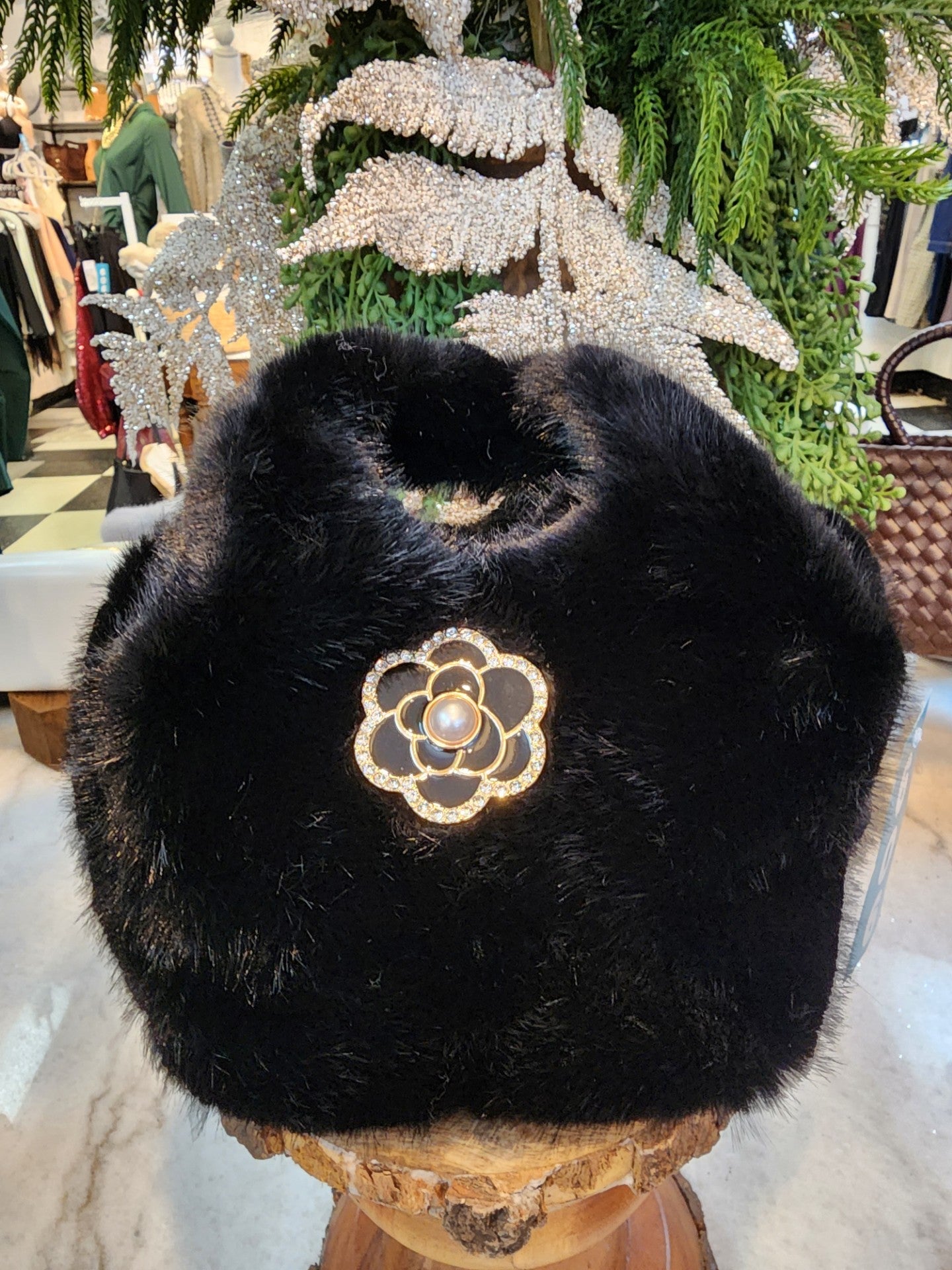 Faux Fur Bag With Embellished Broach