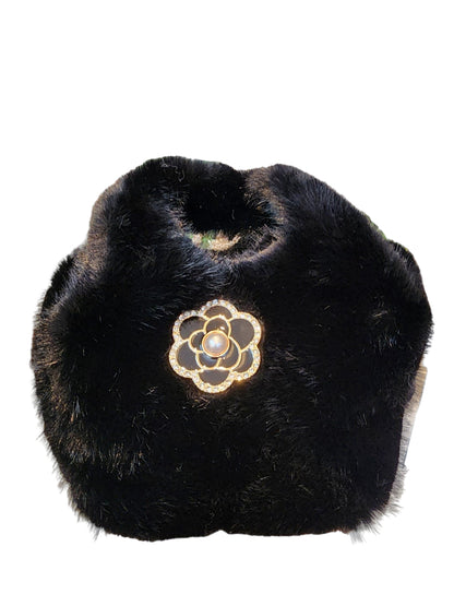 Faux Fur Bag With Embellished Broach