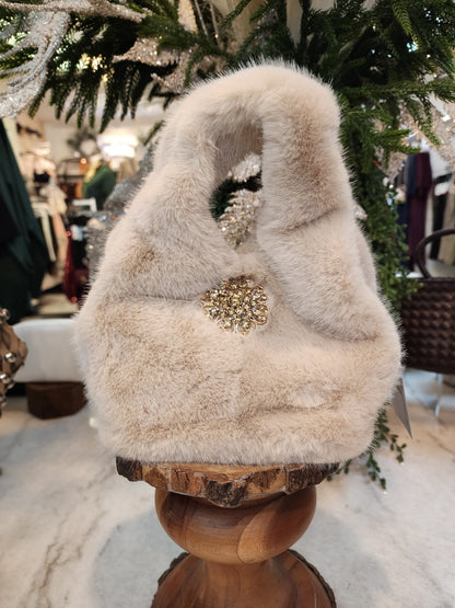 Faux Fur Bag With Embellished Broach