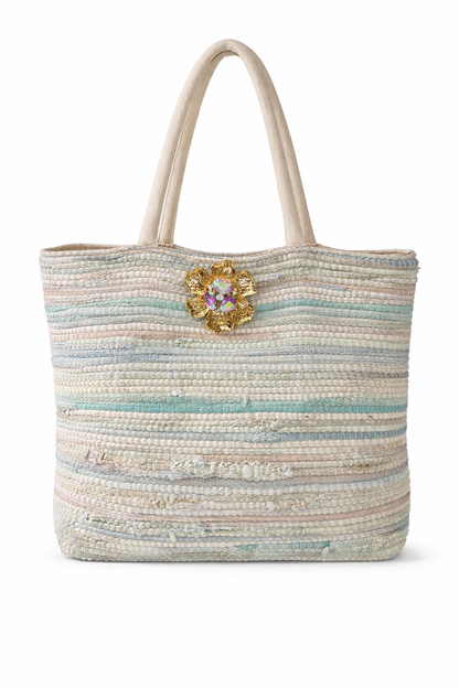 Multi Mint Fabric Reycle Tote Bag Large Flower Pin - 606River