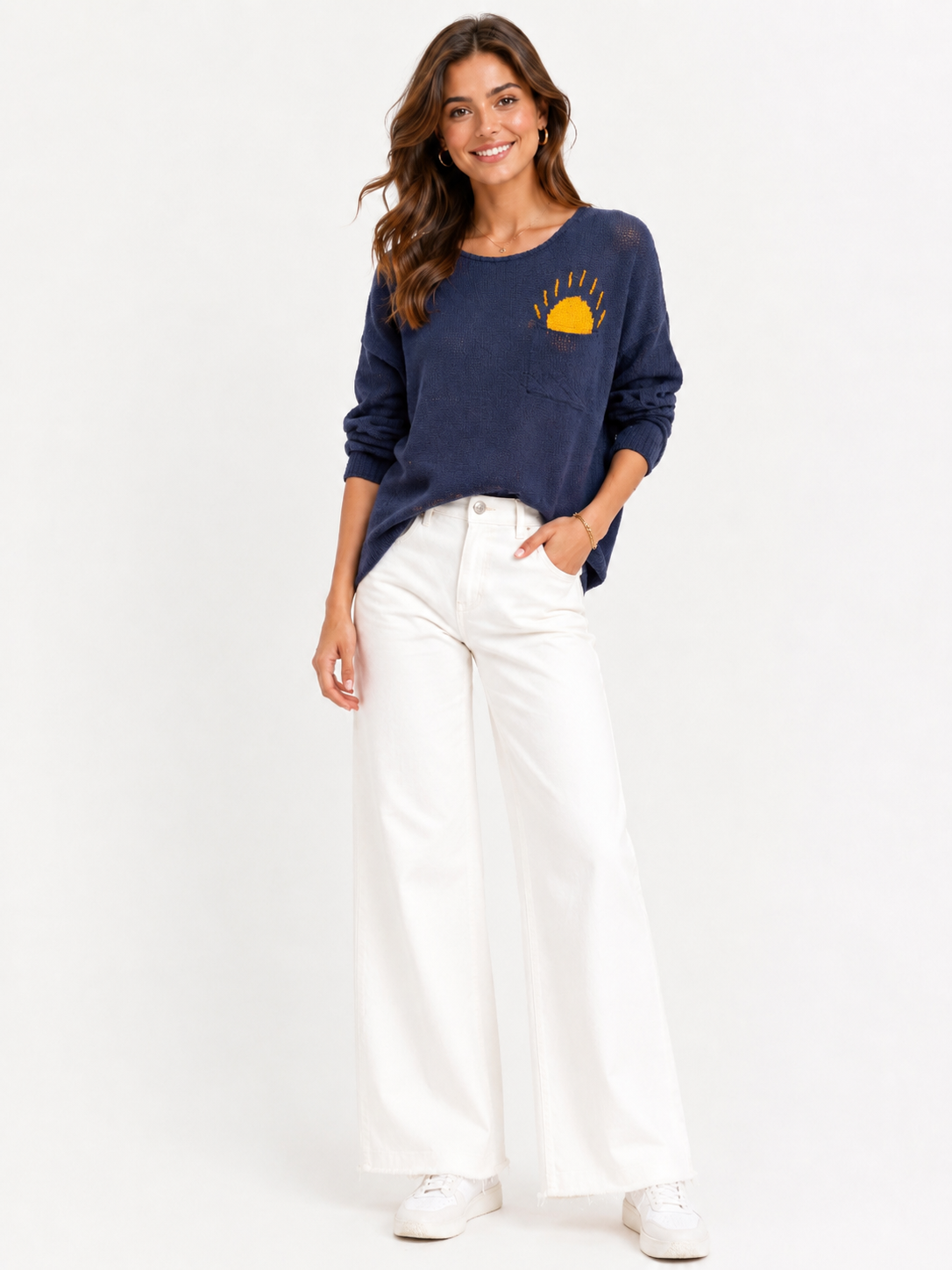 Navy Cotton Pull Over Sweater With Sunburst