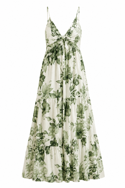 White Green Palm Print Maxi Dress