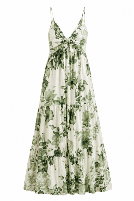 White Green Palm Print Maxi Dress