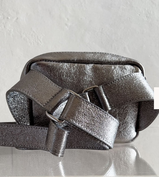 Metallic Silver Cross Body Leather Bag Made In Italy