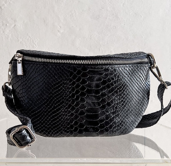 Black leather cross body fanny pack made in Italy