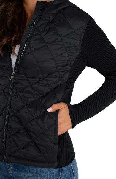 Quilted Front Full Zip Hooded Sweater