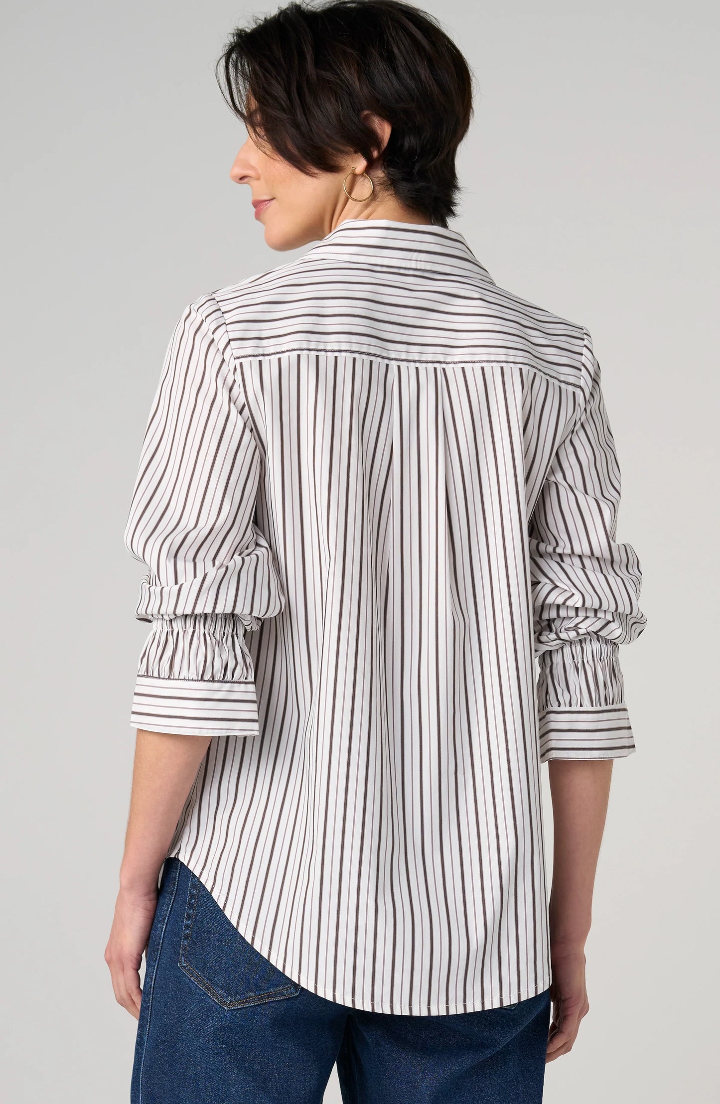 Adjustable Sleeve Button Front Woven Striped Blouse