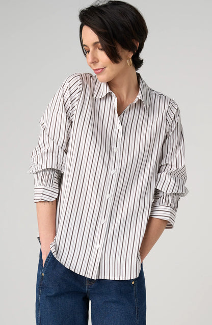 Adjustable Sleeve Button Front Woven Striped Blouse