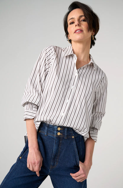 Adjustable Sleeve Button Front Woven Striped Blouse