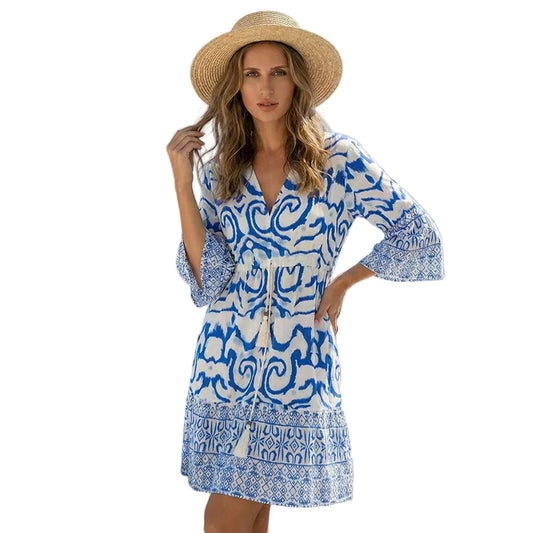 Blue White Boho V Neck Dress - 606River
