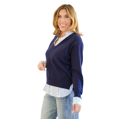 Navy Top Sweater With Shirt Layer