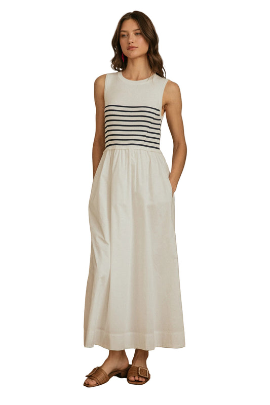 White Navy Stripe Knit Tank Dress