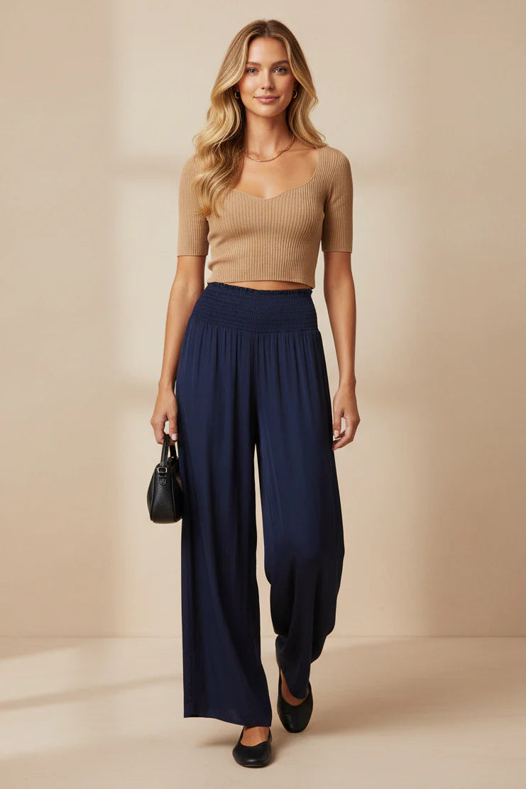 Smocked Waist Wide Leg Pant