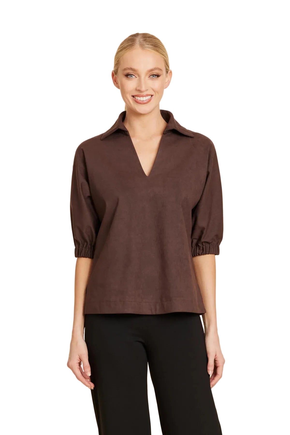 Brown Faux Suede Polo Top