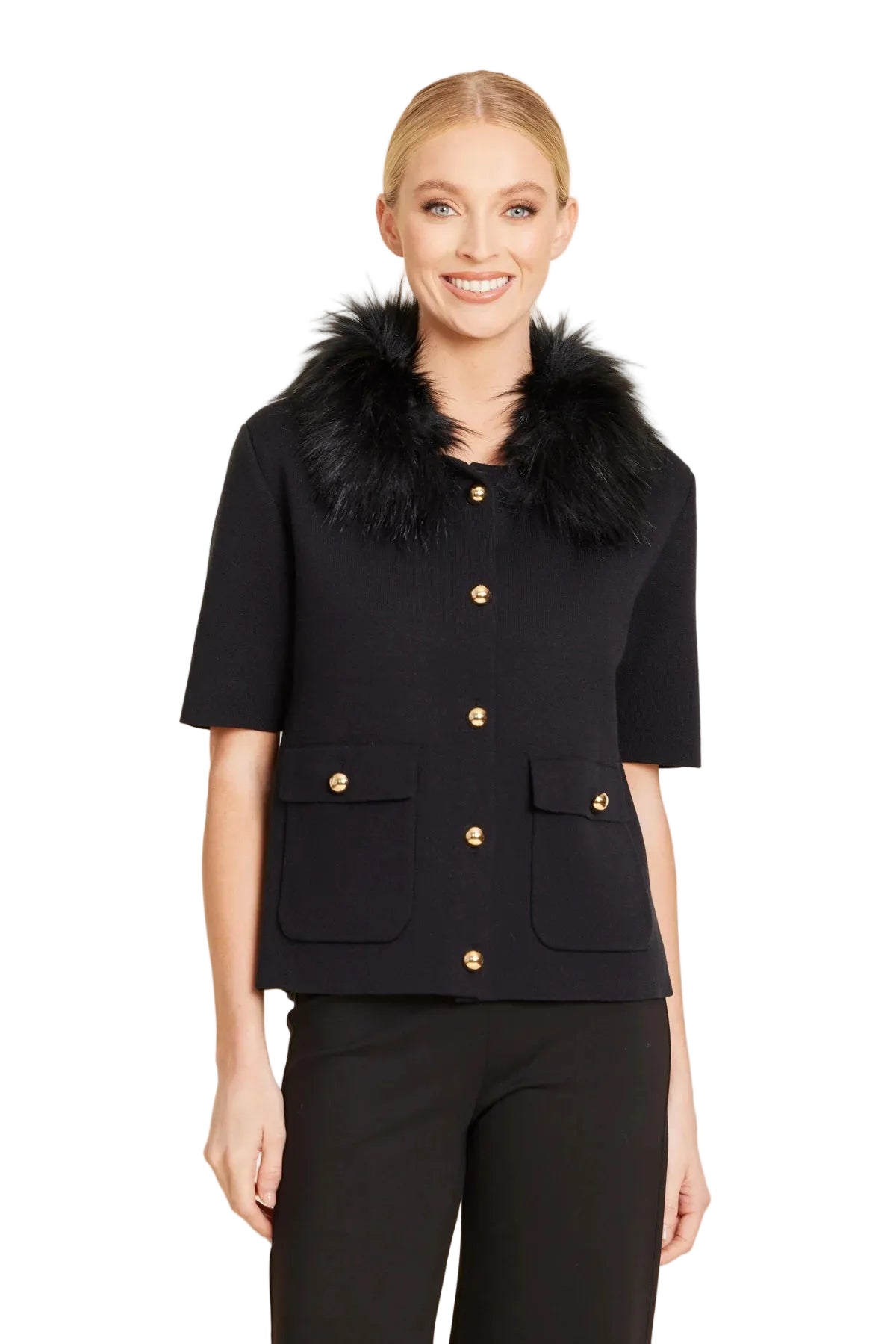 Black Faux Fur Button Up Sweater