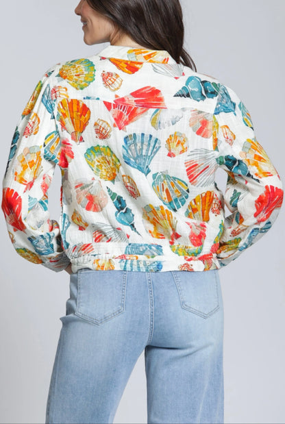 Linen Shell Print Button Up Blouse - 606River