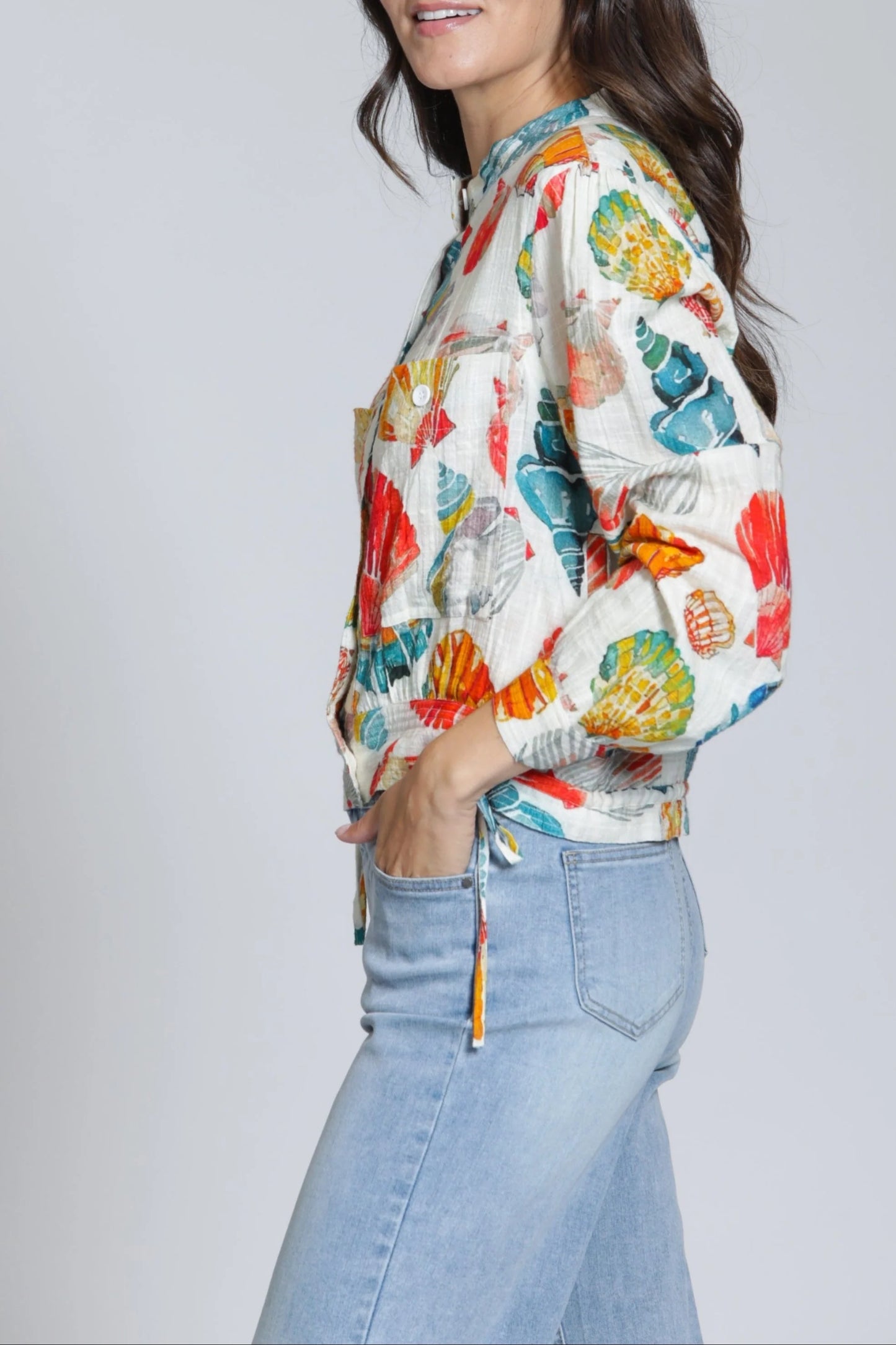 Linen Shell Print Button Up Blouse - 606River
