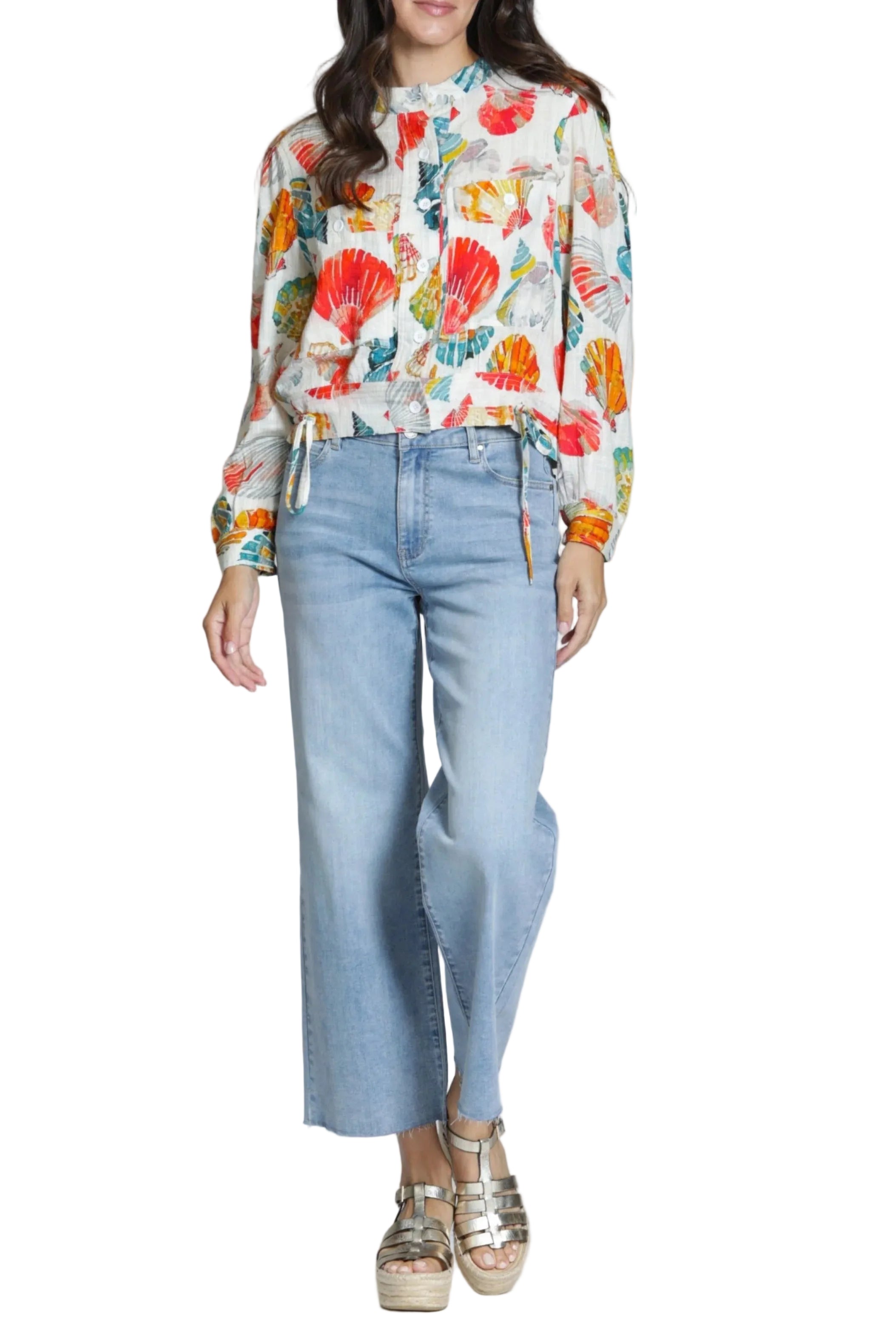 Linen Shell Print Button Up Blouse - 606River