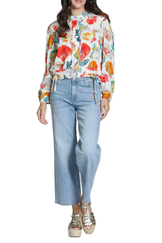 Linen Shell Print Button Up Blouse - 606River