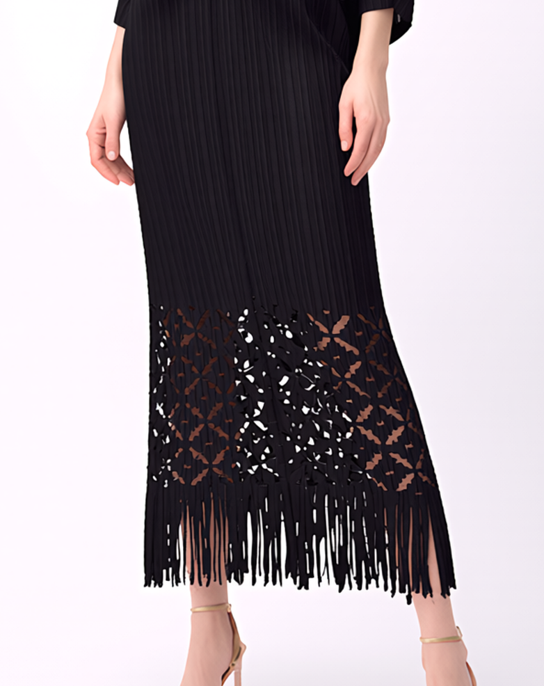 Ellyndale Pleated Cutout Dress with Fringe - Black