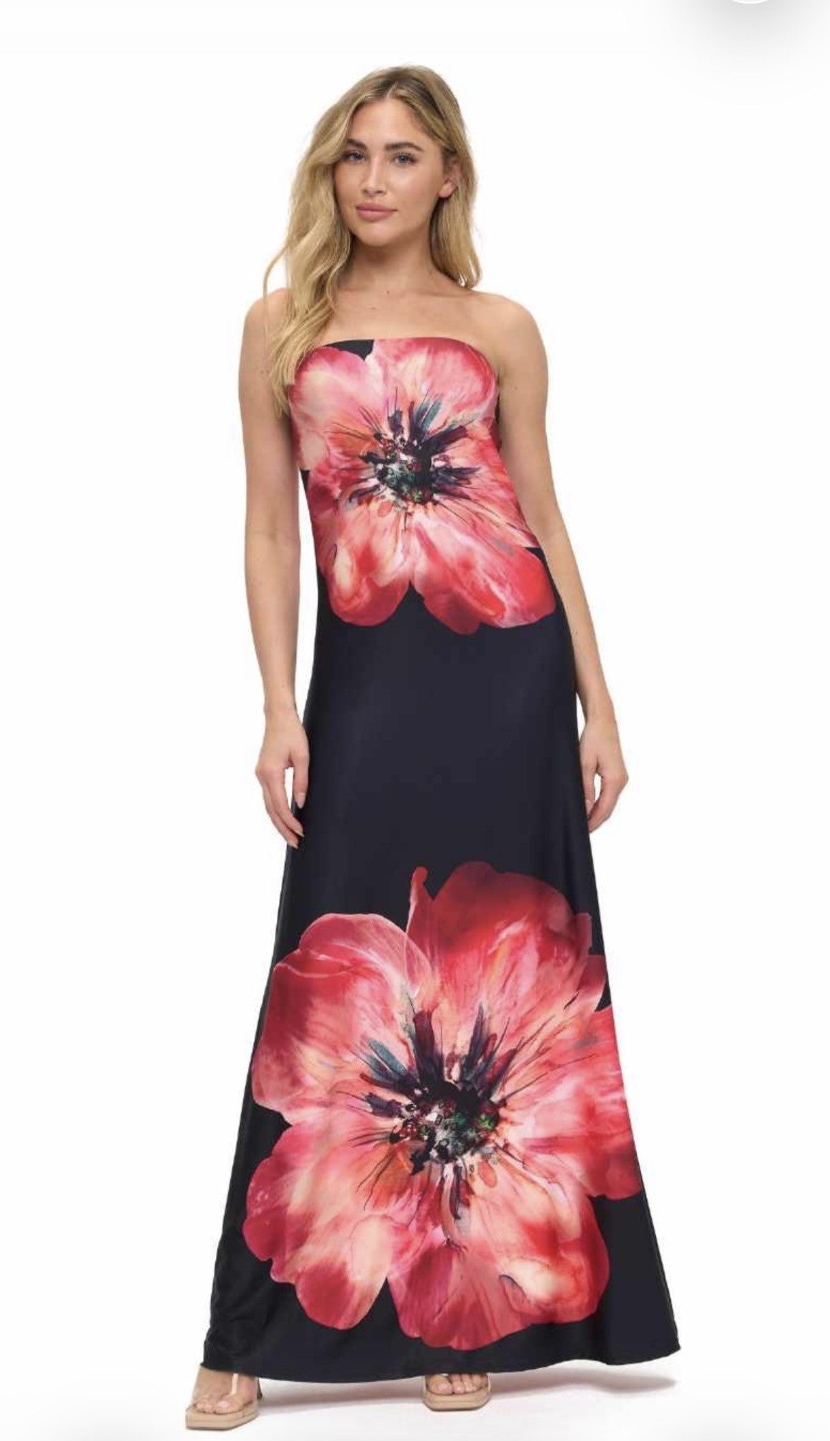 Black With Red Floral Strapless Maxi Dress - 606River